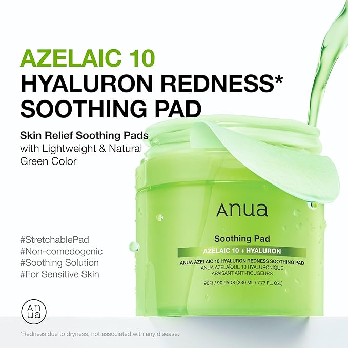 ANUA Azelaic Acid 10 Hyaluronic Acid Soothing Toner Pads, Hydrating Facial Mask for Redness, Pore & Blemish Care, Quick & Easy Stretchable Formula, Korean Skincare, 90 Pads