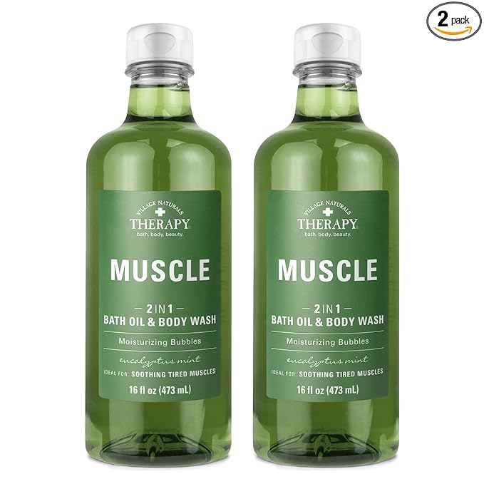 Village Naturals Therapy Muscle Foaming Bath Oil and Body Wash 16 oz. 2 pack, Green, 16 oz