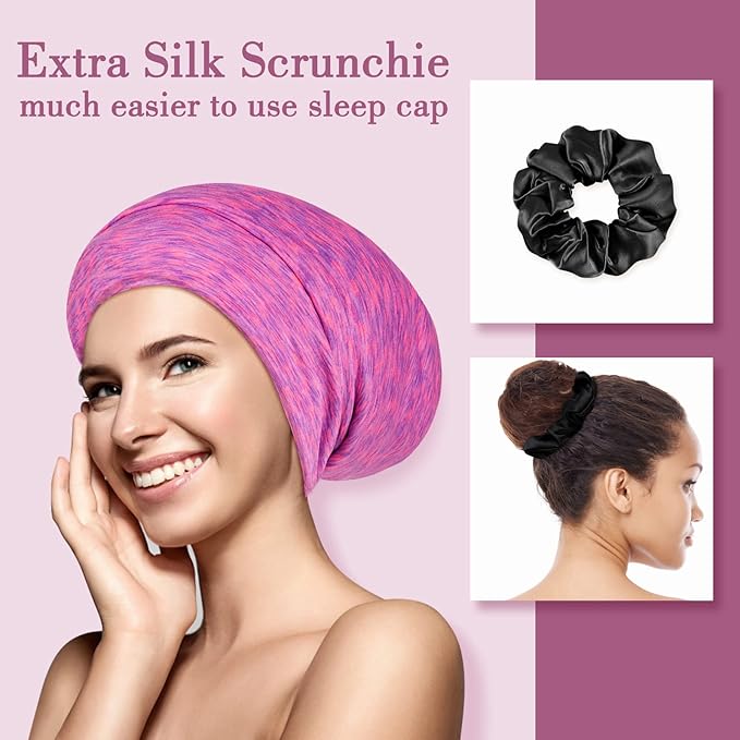 LULUSILK Mulberry Silk Bonnet for Sleeping Women, Real Silk Sleep Cap for Curly Hair and Braids, Pure Head Wrap with Scrunchies, Hot Pink