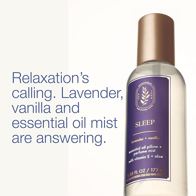 Bath & Body Works Aromatherapy Lavender Vanilla Essential Oil Mist, Body Spray with Vitamin E and Aloe, Pillow Spray for Calming Bedtime Relaxation, 5.3 fl oz - 1 Pack