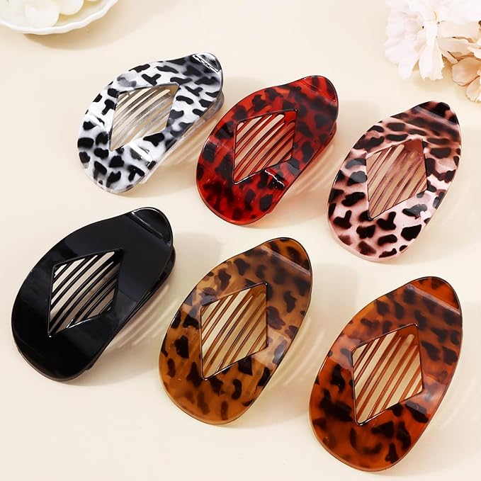 Atoden Large Flat Round Hair Clips Oval Claw Clips for Thick Medium Thin Hair 6Pcs Non Slip Strong Hold Barrettes Duckbill Accessories for Women Girls Leopard Tortoise Shell Color