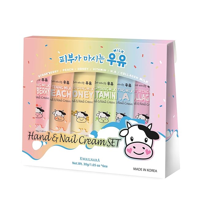 KWAILNARA Milk Hand & Nail Cream Gift Set (Set of 6) – Korean Hand Cream Variety Pack | Strawberry, Peach, Honey, Vitamin, Hyaluronic & Collagen | Deeply Nourishing K-Beauty Gift