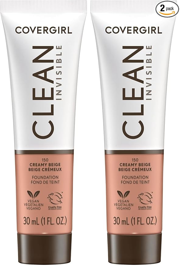 COVERGIRL Clean Invisible Foundation Makeup, Dewy & Glowy Natural Finish, Buildable Coverage, Skin-Like Smooth Look, Vegan, Creamy Beige, 1oz (Pack of 2)