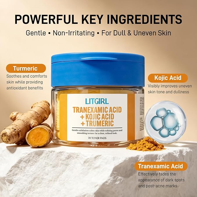 Turmeric Kojic Acid Toner Pads, With Tranexamic Acid, Exfoliating & Cleansing Face Pads, Dark Spot Care, Skin Oil Balancing, For All Skin Types, 70 Pcs For Face & Body