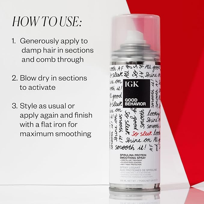 IGK GOOD BEHAVIOR Spirulina Protein Smoothing Spray | 4-Day Frizz Control + Heat Protectant | Vegan + Cruelty Free | 5.6 Oz