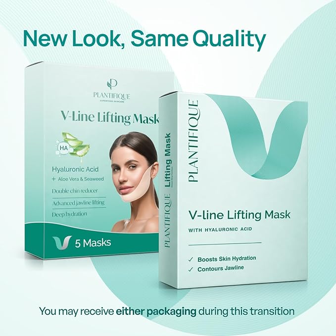 PLANTIFIQUE V-Line Chin Lifting Mask, 5 PCS - Hydrogel-Lined Strap with Hyaluronic Acid & Aloe Vera - Double Chin Reducer, Jawline Shaping, and Neck Tightening