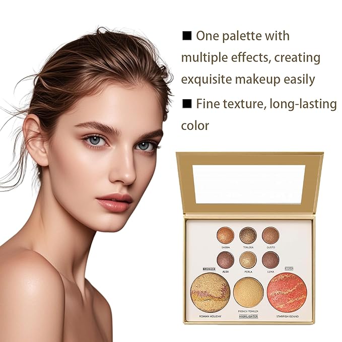 K'APEINE All in One Baked Makeup Palette, Dark Brown Eyeshadow, Blush Highlighter & Bronzer Face Kit Neutral Baked Powder Hign Pigment Full Face Makeup Set with Matte Shimmer Finish for Women-02#