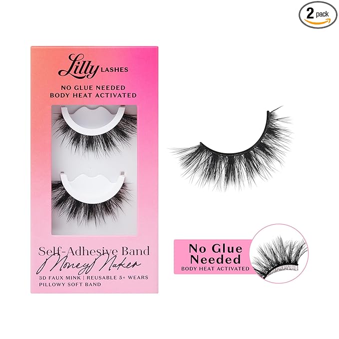 Lilly Lashes 3D Self Adhesive Eyelashes, No Lash Glue Needed, Body Heat Activated Press on Lashes, Reusable Self Adhesive Eyelashes Up to 5x, Easy to Apply & Remove (MoneyMaker)