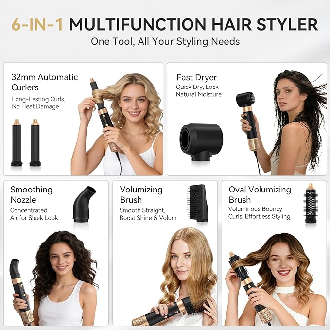 6 in 1 Hair Styler, Hot Air Brush Set with Hair Dryer, Curling Iron, Straightener Brush, Volumizer, Blow Dryer Brush for Hair Styling, Fast Drying, Gifts for Mother/Women