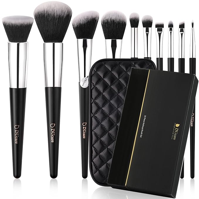 DUcare Travel Makeup Brushes with Case 10Pcs Makeup Brush set Premium Synthetic Kabuki Foundation Blending Brush Face Powder Blush Concealers Eye Shadows with bag
