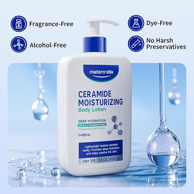 matern'ella Ceramide Body Lotion for Dry & Sensitive Skin - Daily Moisturizer with Niacinamide & 4 Ceramides (NG, AP, NP, EOP) 48H Hydration, Fragrance Free, Paraben Free, Non-Greasy 17.6 Oz