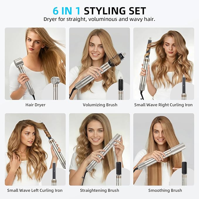 6-in-1 Hot Air Styler & Blow Dryer Brush, Ionic Hair Dryer Volumizer, Multi-Function with Interchangeable Attachments for Curling, Straightening & Fast Drying, Ideal Gift for Women(Champagne Gold)