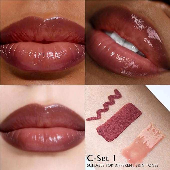 Lip Kit - Creamy Lip Liner Pencil Matte Lipstick Nude Lip Gloss Nourishing Lip Combo Sets for Women, High Pigment Moisturizing Lightweight Long Wear Lip Liner and Gloss Set for Daily/Party