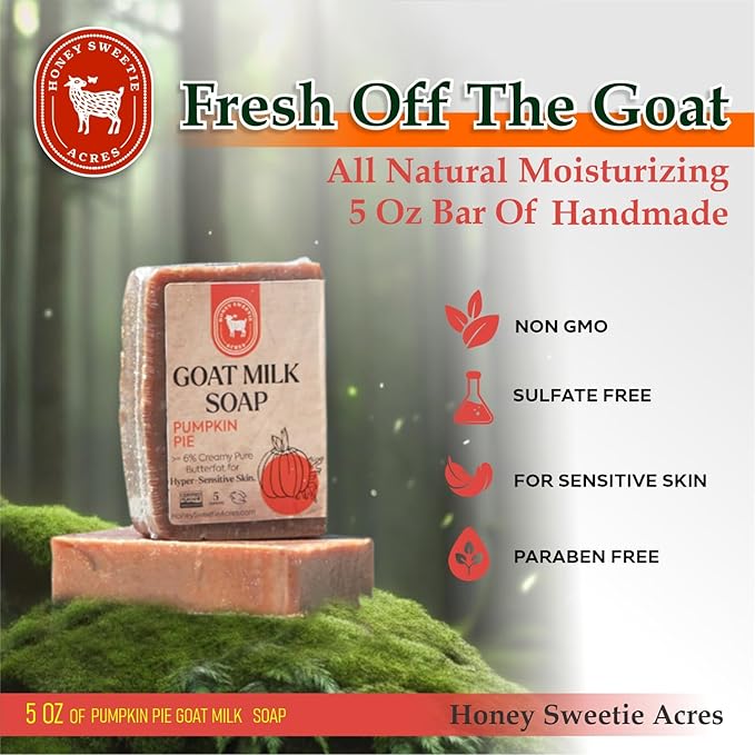 Honey Sweetie Acres 2-Pack Pumpkin Pie Goat Milk Soap - All Natural 5 oz Handmade Bar Soap – Moisturizing, Gentle for Sensitive Skin, Eco-Friendly, Made in the USA