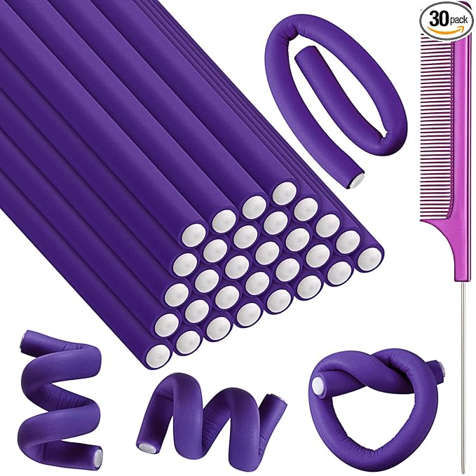 Syhood 30 Pcs 7'' Flexible Curling Rods Twist Foam Hair Rollers Soft Foam No Heat Hair Rods Rollers and 1 Steel Pintail Comb Rat Tail Comb for Women Long Short Hair(Purple,7 x 0.39 Inch)