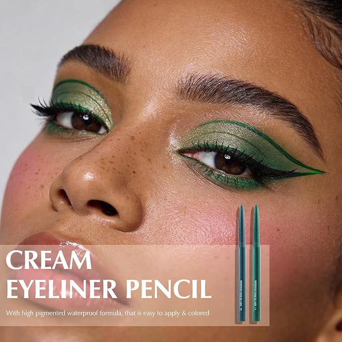 2 PCS Green Eyeliner Pencil Set, Matte Shimmer Gel Waterline Eye Liner Pen Smudge-Proof Multi-Use Colorful Eyeliner Creamy High Pigmented Long-Lasting Retractable Smooth Eye Makeup