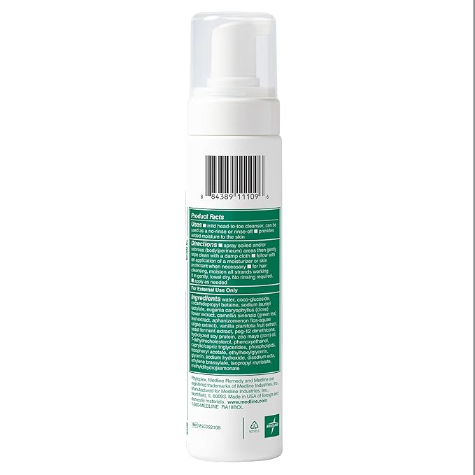 Medline Remedy Clinical No-Rinse Foam Cleanser,Vanilla Scent,No Rinse Shampoo & Body Cleanser for Sensitive Skin,Hydrating,Paraben and Sulfate Free,For Face,Body,and Hair,All Ages, 8 fl oz (Pack of 2)