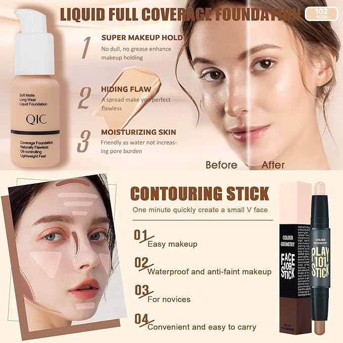 All in One Makeup Kit for Women Full Kit,Travel Make Up Gift Set for Women Teens Girls, Includes Eyeshadow,CC,Foundation,Lipstick,Mascara,Brush,Sponge,Brow Powder & Soap,Eyeliner,Primer,Contour,Bag