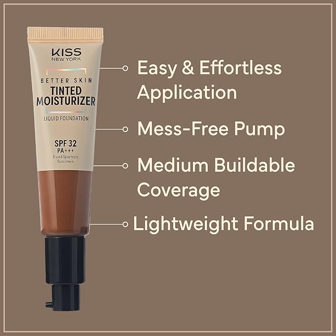 KISS NEW YORK Tinted Moisturizer with SPF 32 PA+++ (Deep Honey) 12 Hour Hydrating Sunscreen for Face, No White Cast for Dark Skin Tone, Natural Finish, Medium Coverage with Hyaluronic Acid, Vitamin E