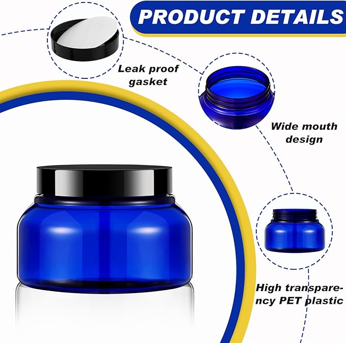 Tessco for you 24 Pack Plastic Jars with Lids Labels Multiuse Slime Containers Empty Body Scrub Jars Round Refillable Cosmetic Body Butter Container for Makeup (8 oz,Blue,Black)