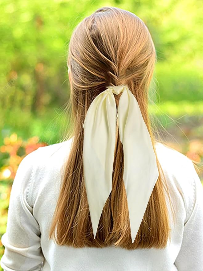 LFOUVRE 3PCS Hair Scarf Scruncheis for Women Knotted Bow Hair Ties Elastic Bands Satin Hair Ribbon Scrunchy Red Ponytail Holder for Women and Girls (Camel Apricot Ivory)
