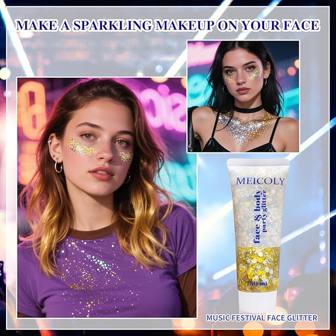 MEICOLY Face Glitter Makeup for Music Festival,Country Concert Outfits for Women, Holographic Gold Silver Purple Body Glitter,Halloween Party Accessories Self-Adhesive Glitter Face Paint,50ml