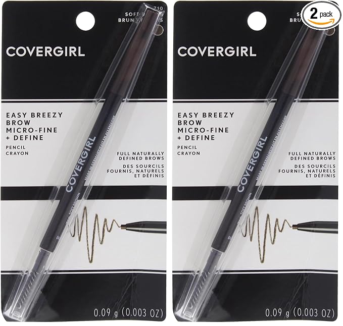 COVERGIRL Easy Breezy Brow Micro-Fine and Define Pencil, Soft Brown, 0.03 Pound, Brown Eyebrow Pencil, No Sharpening Needed, Built in Spoolie, Safe for Sensitive Eyes, Removes Easily (Pack of 2)
