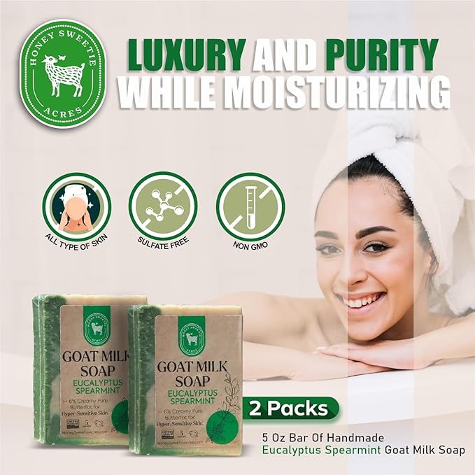 Honey Sweetie Acres 2-Pack Eucalyptus Spearmint Goat Milk Soap - Handmade 5 oz Bar, Made with Natural Ingredients, Moisturizing & Gentle, Made in the USA