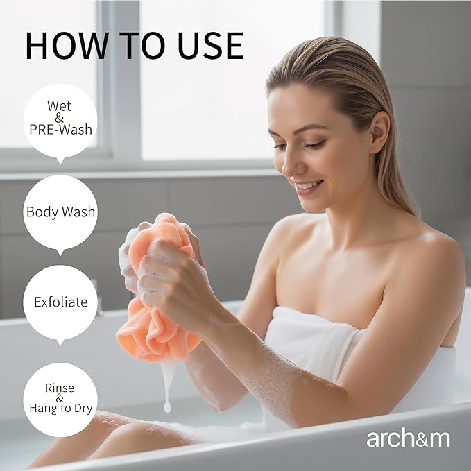ARCH&M 3 Pack Exfoliating Towel for Body, 35-Inch Korean & Japanese Style Washcloth for Shower, Deep Clean & Smooth Skin, Nylon Back Scrubber, More Hygienic Than Loofah (Orange Purple Navy-Blue)