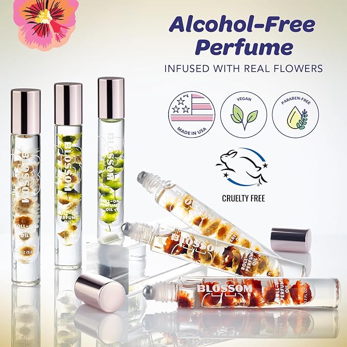 Blossom Roll on Perfume for Women Alcohol Free Gourmand Rollerball Perfume Oil with Essential Oils, Infused with Real Flowers, Made in USA, 0.20oz, (Vanilla, Cream, Sugar) Vanilla Sweet Cream