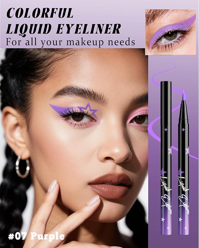 Colored Liquid Eyeliner Pen, Purple Waterproof Waterline Matte Eye Liner Pencil, High Pigmented Long Lasting Quick Drying Bright Colorful Eyeliner Pen for Women, Valentine’s Day Eye Makeup Gift-07