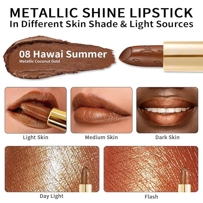 Oulac Dark Brown Lipstick for Women with Metallic 3D Shine Lightweight Hydrating Formula, High Impact Lip Color, Full Coverage Lip Makeup, Vegan & Gluten Free, Hawaii Summer(08)