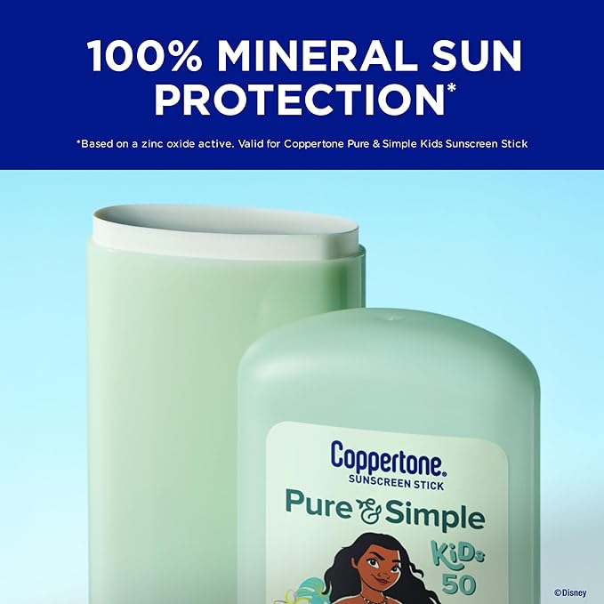 Coppertone Pure and Simple Kids Exclusive Disney Moana Sunscreen Stick SPF 50, Hypoallergenic, Mineral Sunscreen for Kids, Water Resistant, Oxybenzone and Octinoxate Free, 0.49 Oz Stick
