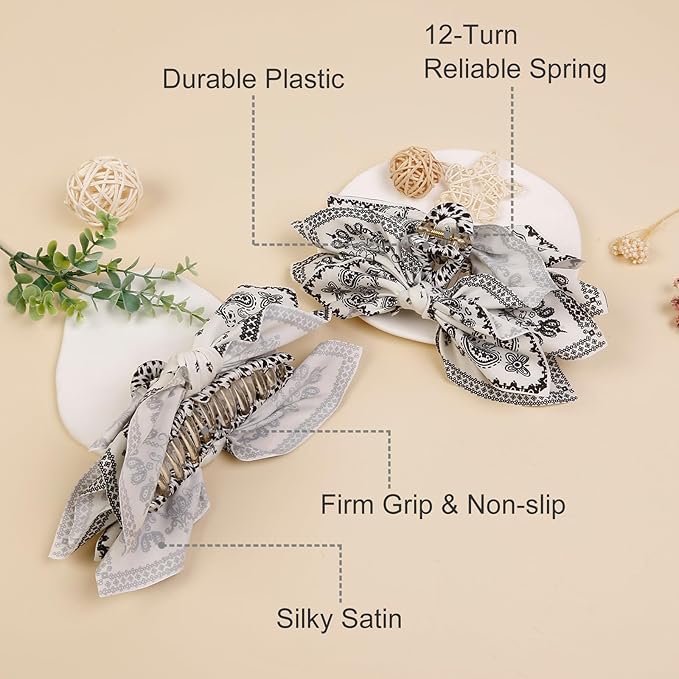 Boho Bandana Hair Claw Clips for Women, 2 Pcs Extra Large Claw Clips for Thick Hair Paisley Hair Clip Bow Knot Adorable Hair Claws Non-slip Fashion Hair Accessories Gift for Women Teen Girls