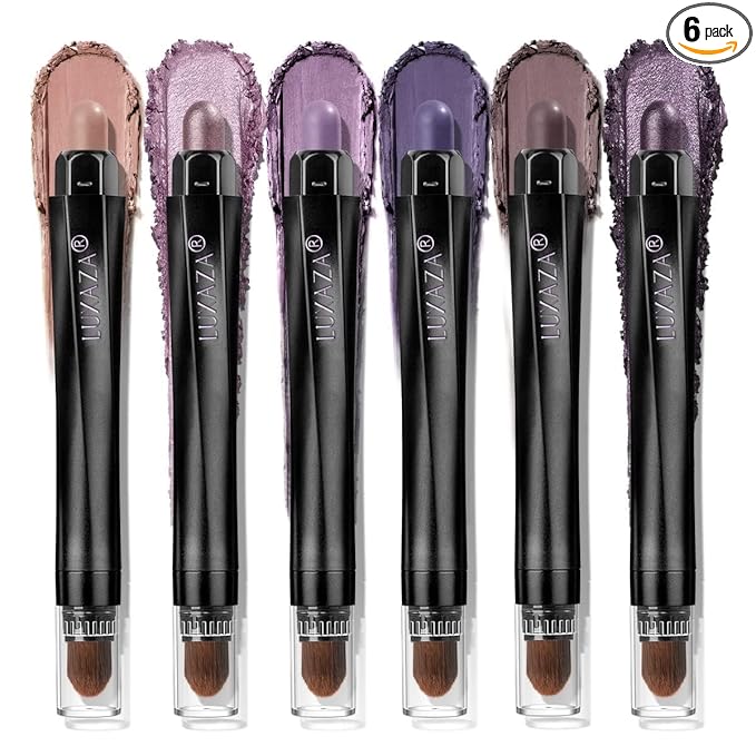 LUXAZA PRO Purple Eyeshadow Stick 6PCS Set, Metallic Shimmer Matte Cream Eye Shadow Palette Brightener Pencil Crayon, Halloween Makeup - BLUEBERRY