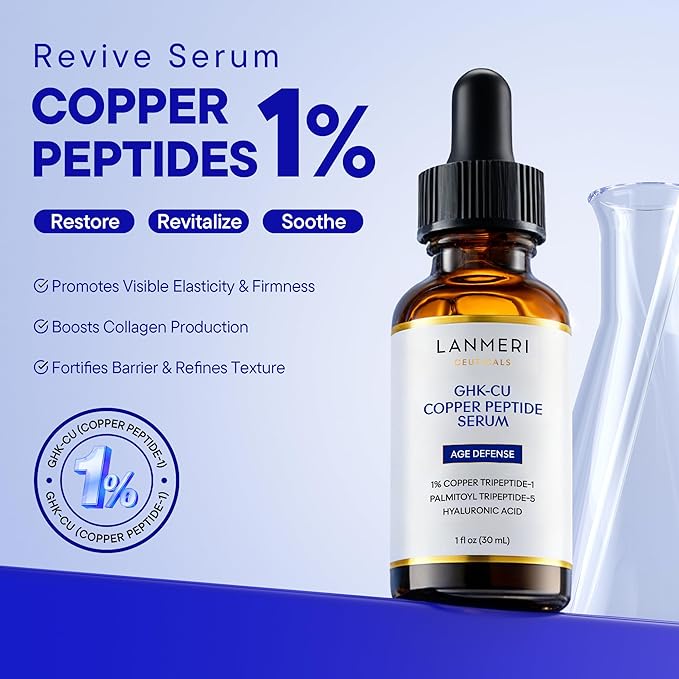 Lanmeri Copper Peptide Serum for Face: 1% Copper Peptide (GHK-Cu) Anti-Aging Serum to Smooth Fine Lines, Improve Elasticity & Boost Collagen - Soothe & Repair Skin Barrier with Centella Asiatica -30ml