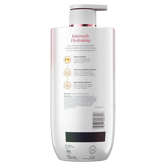 Olay Body Wash for Women, Intensely Hydrating, Hyaluronic Acid Serum Complex, Renews Moisture, Free of Parabens & Phthalates, Vitamin B3 Lameller Technology, For All Skin Types, 28 fl oz