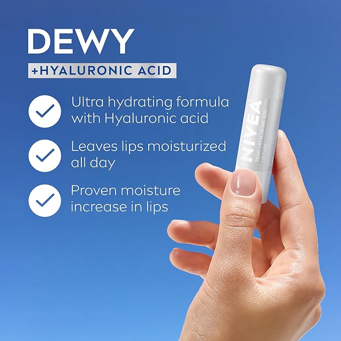 NIVEA Dewy Lip Balm with Hyaluronic Acid, Lightweight and Ultra-Hydrating for All Day Moisture, Leaves Visibly Less Noticeable Lip Lines and No Waxy Feel, 0.18 Oz, Pack of 48