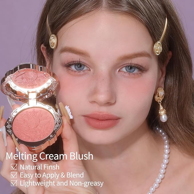 Flower Knows Little Angel Cream Blush and Butterfly Cloud Collar Glossy Lipstick Set,Buildable & Blendable Dewy Makeup,Soft Long-Lasting Cute Make Up(Blush 04 Rose Ashes + Lipstick C07 Red Bean)