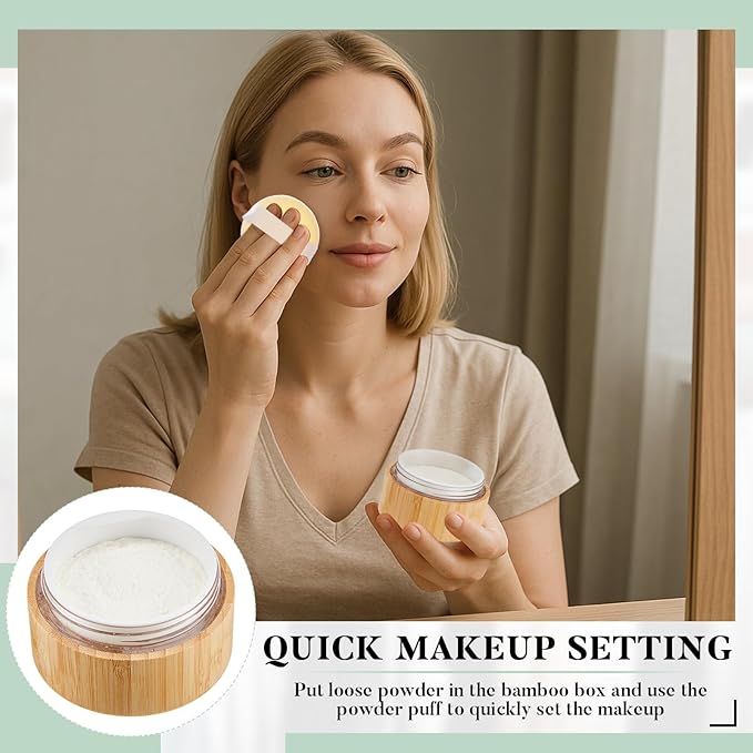 Frienda 50 ml Bamboo Loose Powder Puff and Container Empty Dusting Powder Jar for Body Face Makeup Travel Box Compact Case Holder with Sifter Lids and Puff