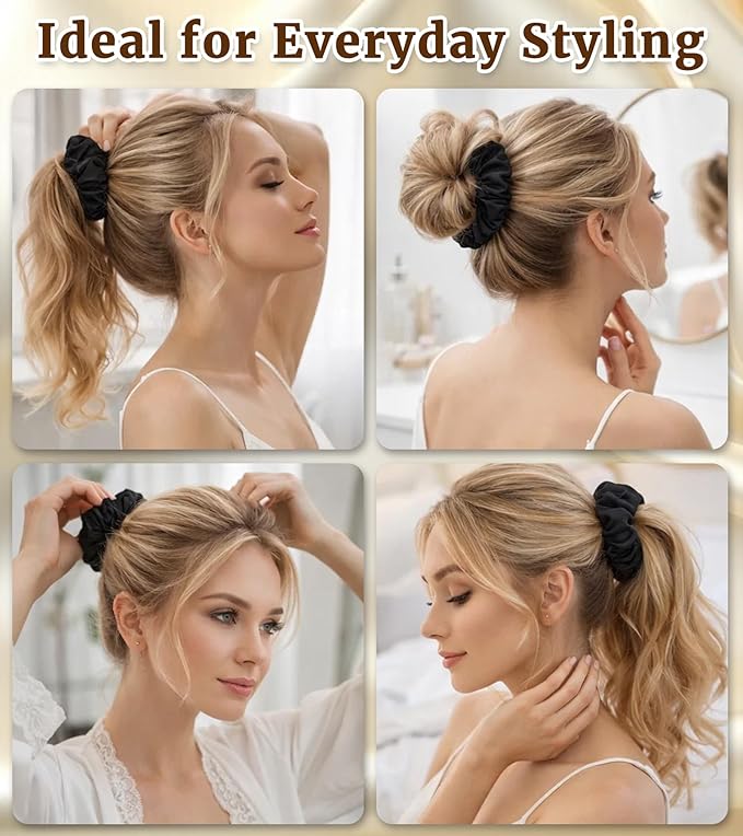 30 Momme 100% Mulberry Silk Scrunchies for Women and Girls, Oversized XL Hair Tie for Sleeping, Soft Smooth for No Damage Hair Care Sleeping (Black)