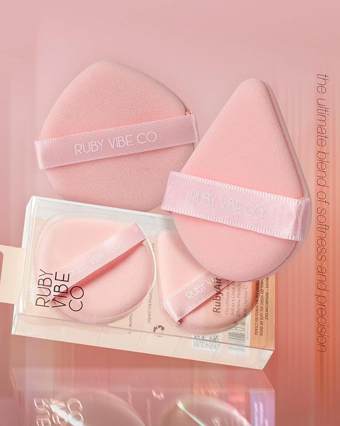 RubyAir Luxe Puffs, Set 2 Air Puffs, Round and Triangle Shapes, Latex-Free Velvet, Pink, for Foundation, Concealer, Blush, Setting Powder, Wet or Dry Use, All Skin Types | RUBY VIBE CO