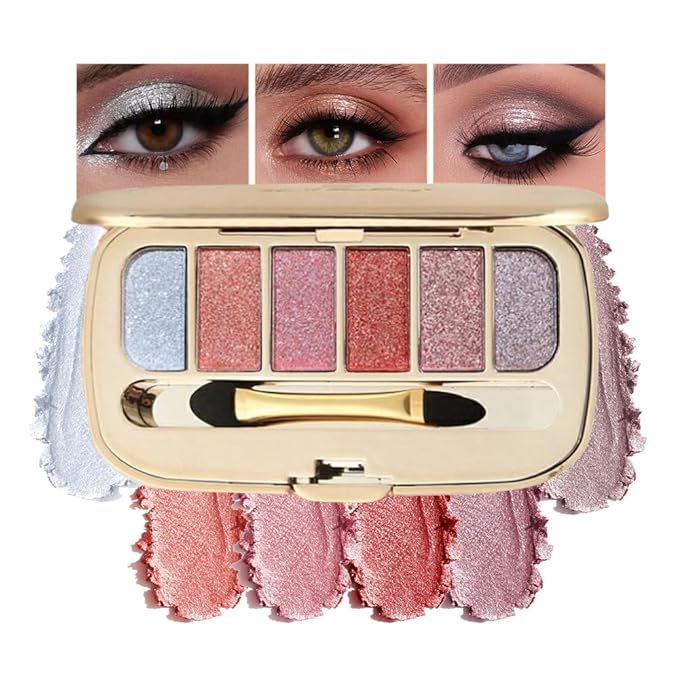 Mivota 6 Shades Pink-Blue-Purple Gradient Glitter Eyeshadow Palette - Diamond Shimmer Eye Shadow with Dual-Ended Brush, Waterproof Long-Wearing for Daily/Date Makeup, Travel-Friendly, 05