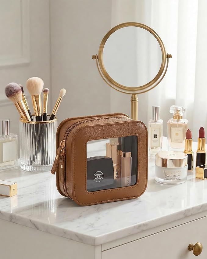 LETGO Clear Makeup Brush Bag Pouch, Waterproof PU Leather Portable Makeup Bag Holder with Transparent Window, Travel Lipstick Case Pouch Car Organizer and Storage, Square, Brown