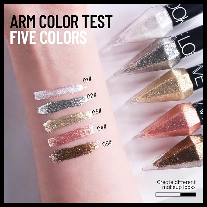 Glitter Liquid Eyeliner Colorful Set, 5 Colors Metallic Shimmer White Silver Gold Rose Eyeliner Waterproof Long Lasting Sparkle Glitter Liquid Eyeshadow Dazzling Mother's Day Eye Makeup for Women