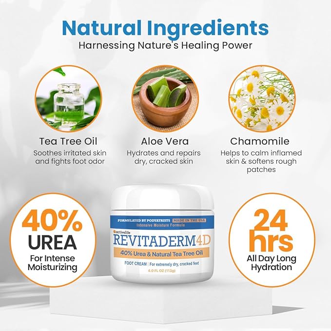 Revitaderm 4D 40% Urea Advanced Foot Cream for Cracked Heels & Dry Skin, Intensive Repair for Rough, Callused Feet, Fast Absorbing, Fragrance Free, Made in USA, 4 oz with Pumice & Brush, 3 Pack