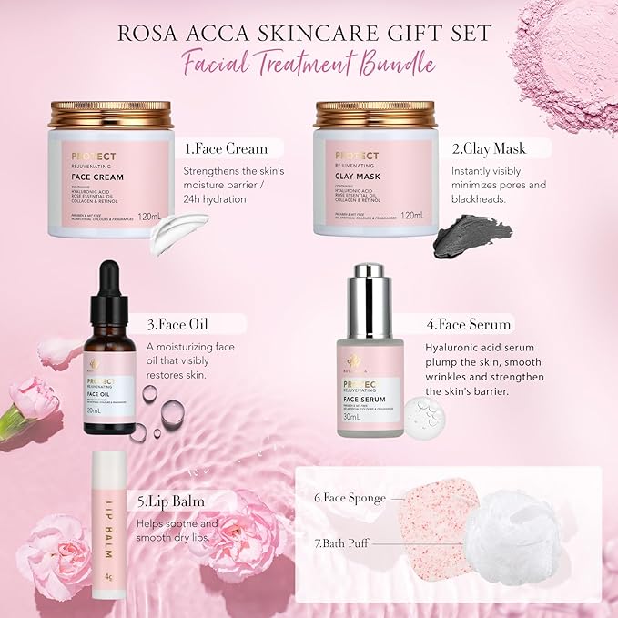 30pcs Mothers Day Gift, Rose Facial Skin Care Set for Women, Gifts for Women, Spa Gifts Basket Set, Face Cream, Serum, Shower Accessories, Bath and Body & Facial Kit, Birthday, Christmas, Valentine's