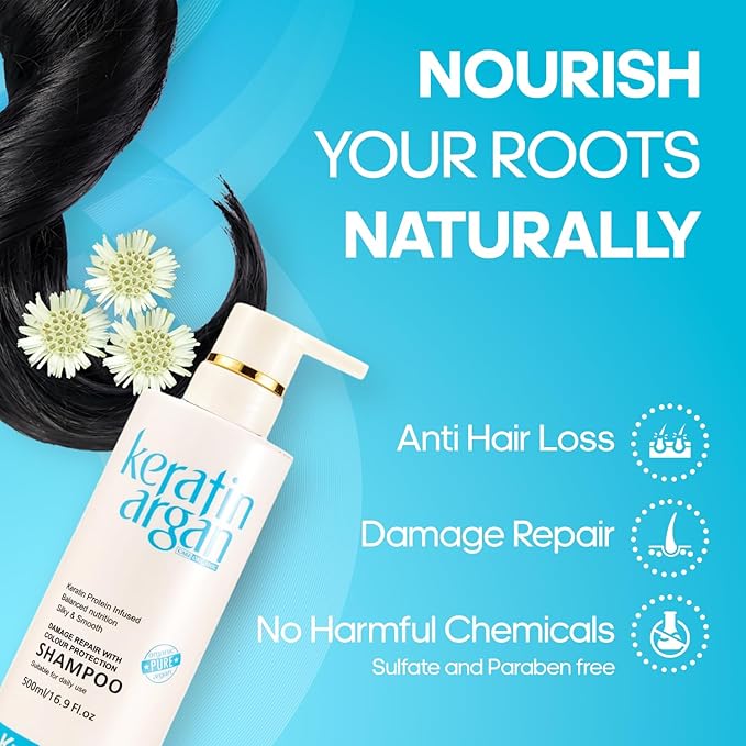 Keratin Shampoo with Argan Oil 16.9oz – Damaged Hair Shampoo, Damage Repair & Color Protection, Anti-Hair Loss, Silky Smooth, Sulfate & Paraben Free, For All Hair Types - 500ml