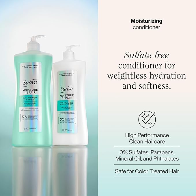 Suave Moisture Repair Sulfate-Free Conditioner with Hyaluronic Acid & Aloe Vera, Hydrates & Restores Dry, Damaged Hair, 4 Count, 28 FL OZ