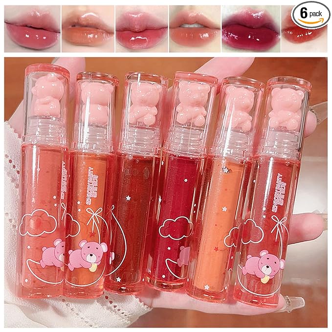 6 Colors Bear Lip Gloss,Jelly Lip Glaze,Cute Liquid Lipstick Bear Lip Stain Watery Lipgloss Plumping Lip Tint Moisturizing Waterproof Long Lasting for Lip and Cheek